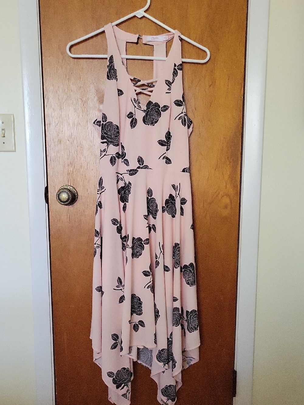 Candie's Blush Pink Sleeveless High-Low Dress with Black Rose Print